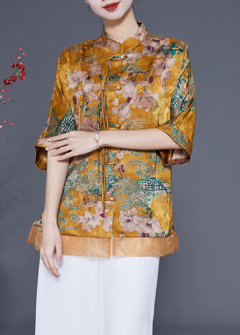 Yellow Stand Collar Patchwork Tassel Silk Blouses Half Sleeve