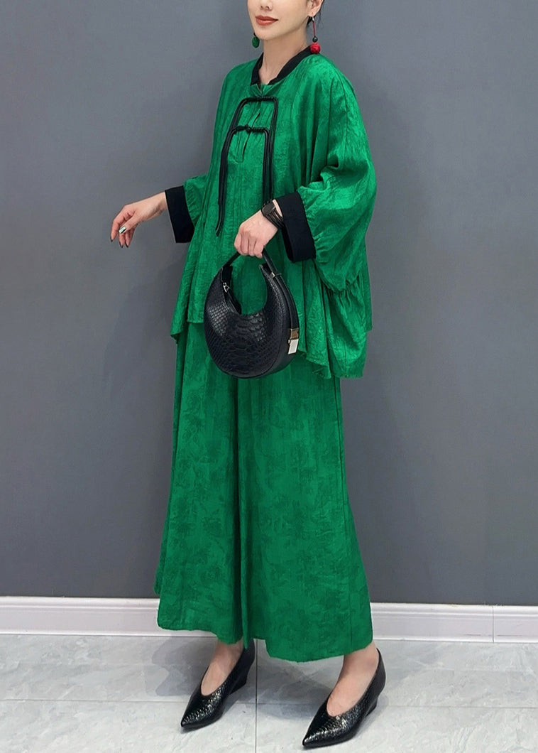 Chinese Style Green Stand Collar Shirts and Wide Leg Pants Two Piece Set Fall