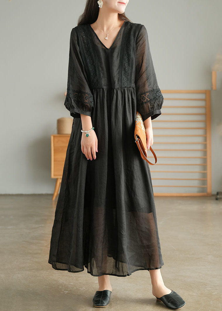 White Wrinkled Embroideried Patchwork Linen Holiday Dress Lantern Sleeve