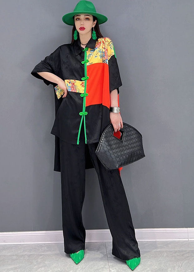 Black Patchwork Low High Design Jacquard Silk Two Pieces Set Summer