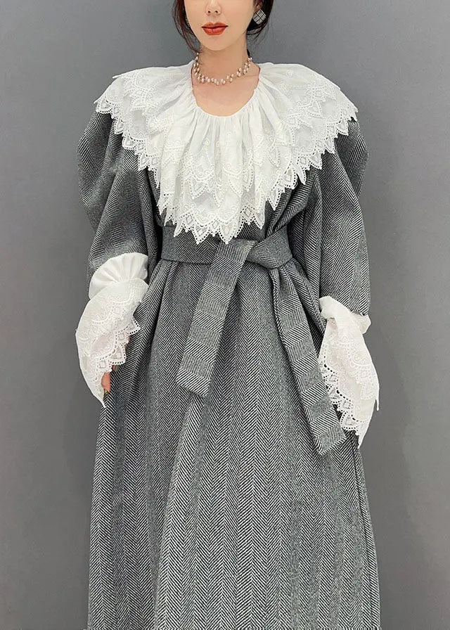 Grey Oversized Woolen Cinch Dress Two Pieces Set Spring