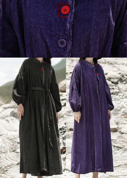 Purple Embroideried Pockets Corduroy Dress Spring