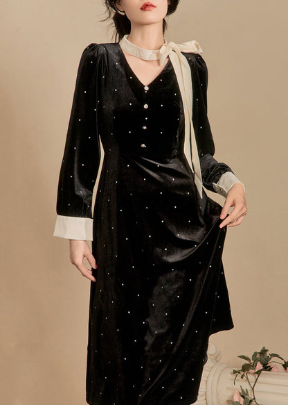French Black Bow Dot Silk Velour Long Dress Winter