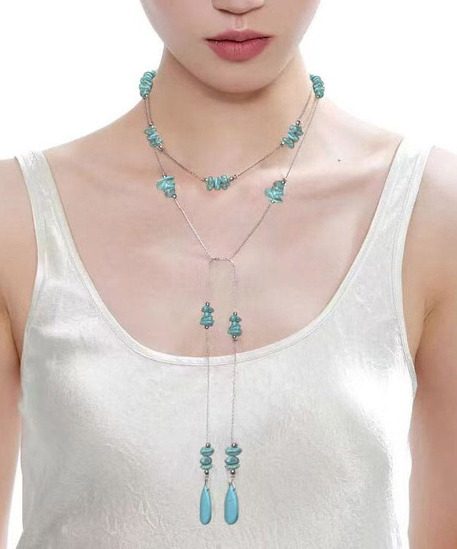 Blue Stainless Steel Turquoise Beads Sweater Pendant Necklace