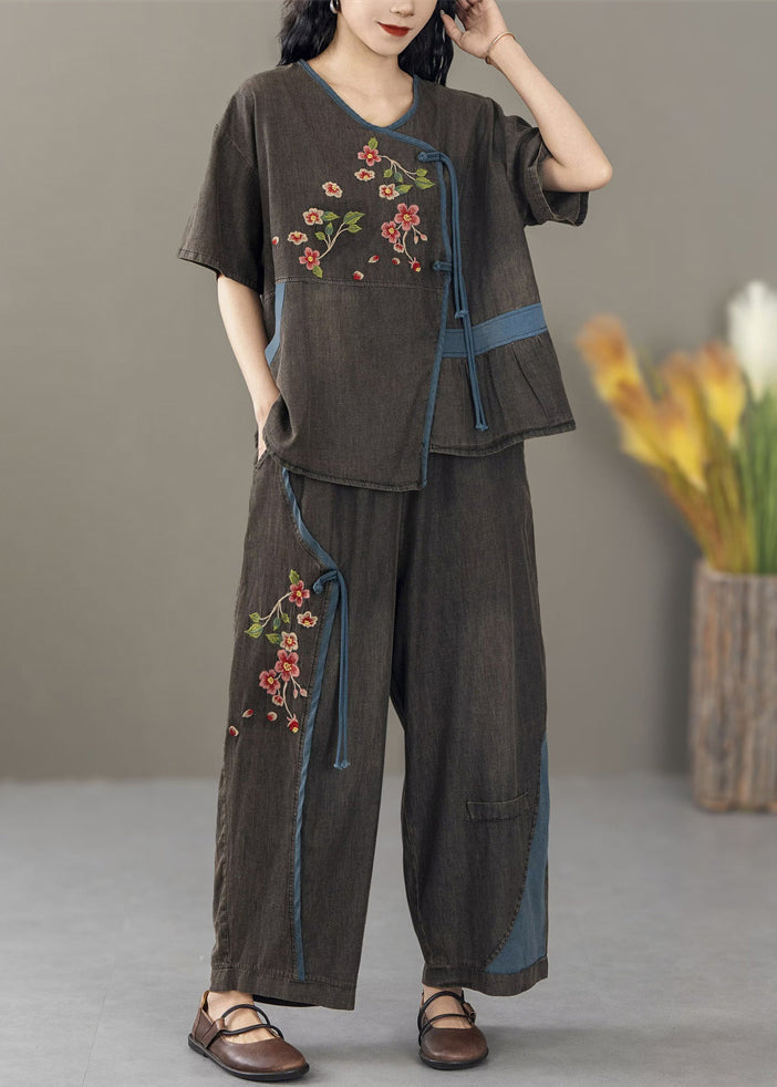 Black Pockets Patchwork Two Pieces Set Print Short Sleeve