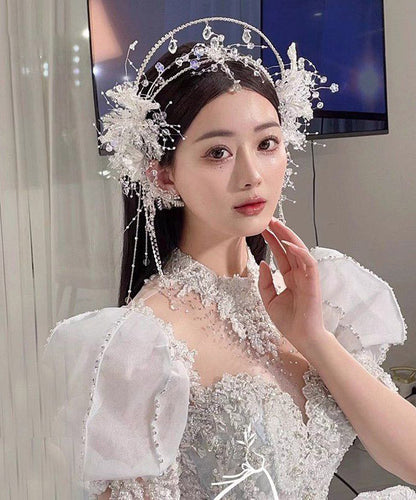 White Alloy Crystal Tassel Crown and Drop Earrings Two-piece Set