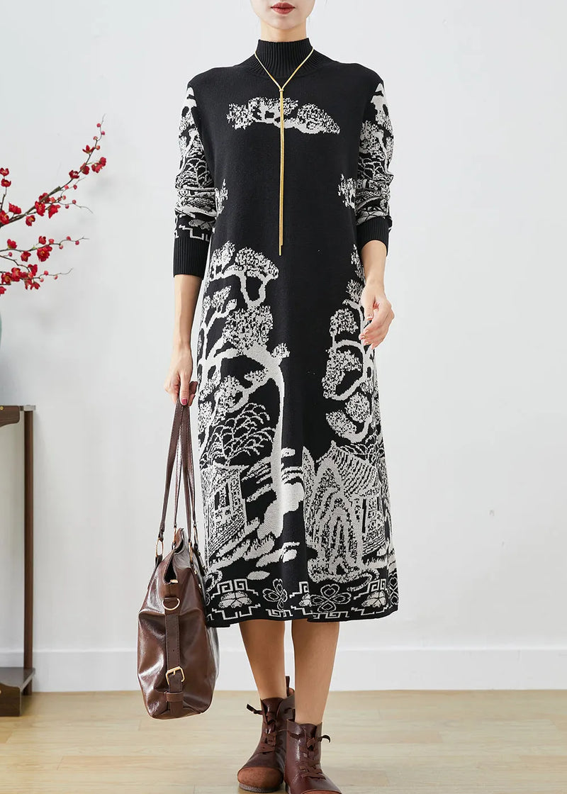 Black High Neck Print Knit Sweater Dress Fall