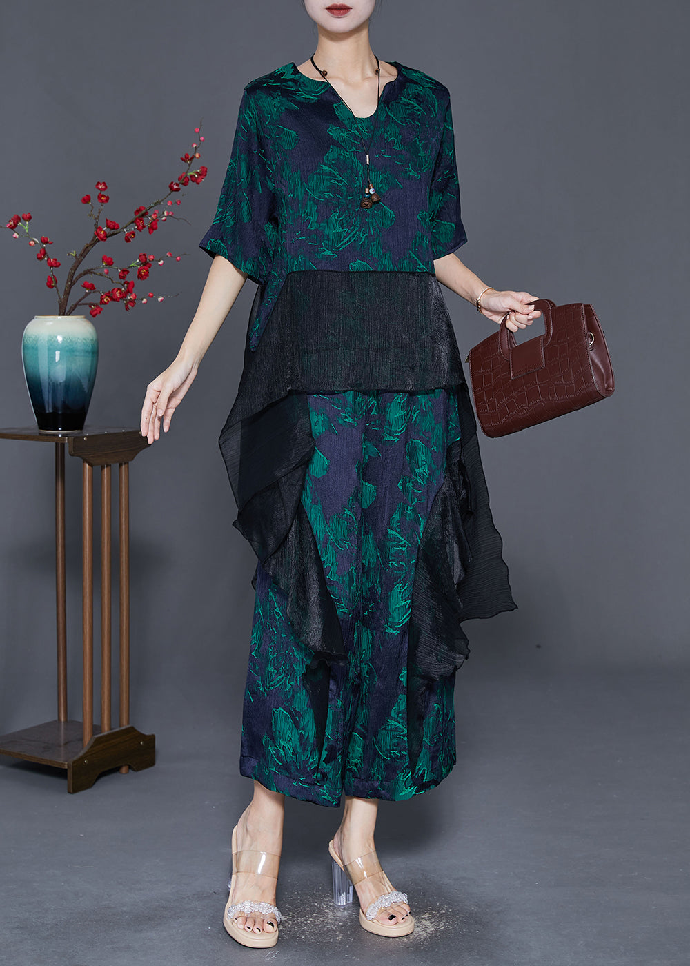 Stylish Green Oversized Patchwork Print Silk Two-piece Set Fall