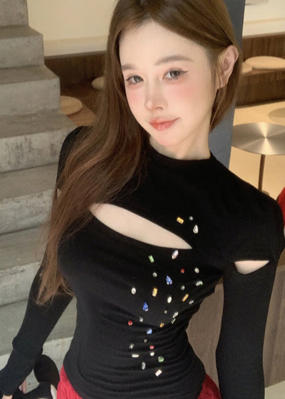 White O-neck Zircon Hollow Out Top Fall