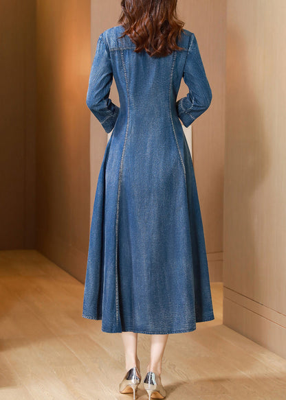 Natural Blue V Neck Embroideried Patchwork Denim Dress Long Sleeve