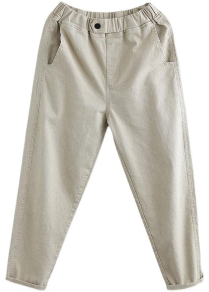Beige Elastic Waist Pockets Cotton Pants Spring