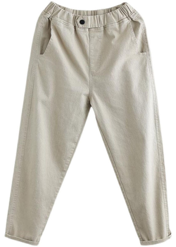 Beige Elastic Waist Pockets Cotton Pants Spring