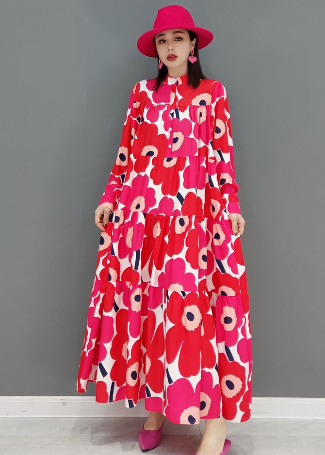 Red Stand Collar Print Patchwork Wrinkled Cotton Long Dress Long Sleeve