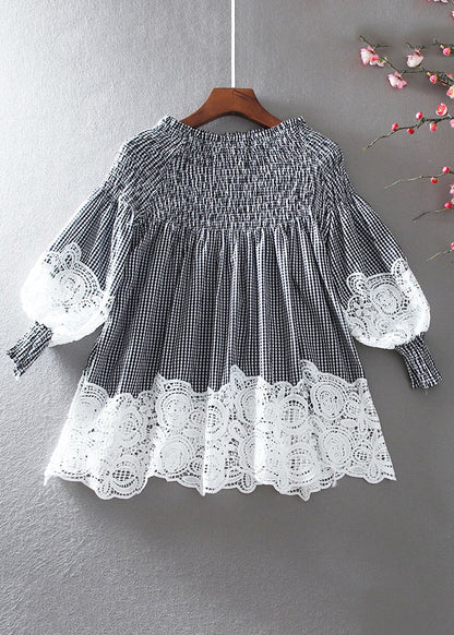 French White O-neck Wrinkled Patchwork Hollow Out Shirt Long Sleeve