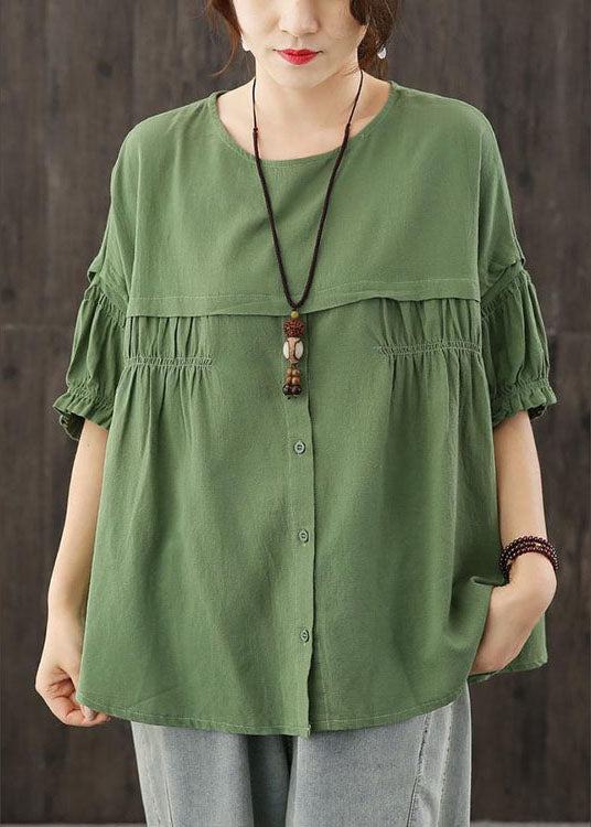 Green O-neck Patchwork Button Wrinkled Fall Half Sleeve Top