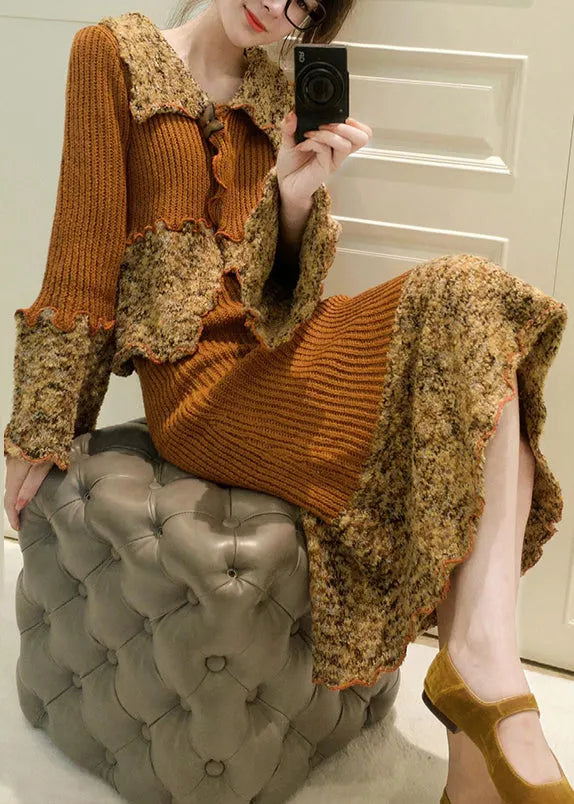 Unique Coffee Peter Pan Collar Ruffled Patchwork Cotton Knit Top and Maxi Skirts Two Pieces Set Flare Sleeve