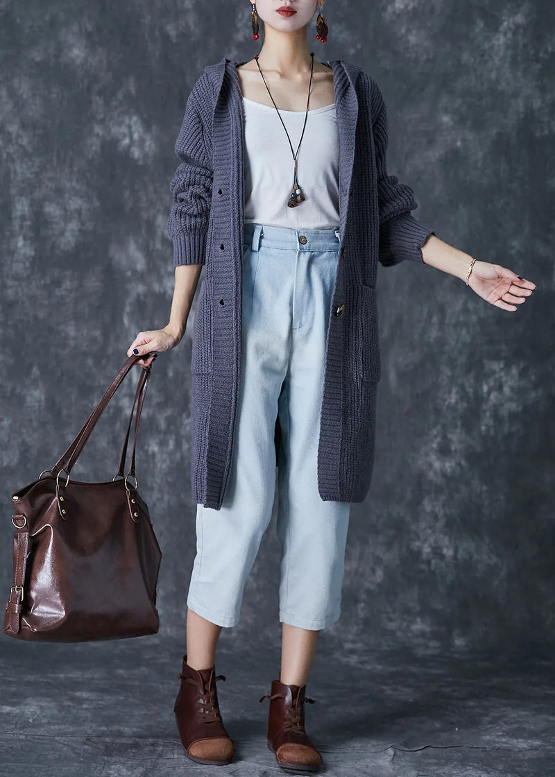 Grey Hooded Oversized Knit Cardigan Fall