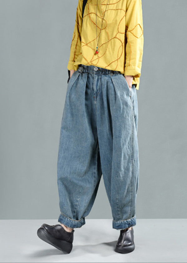 Light Blue Pockets Elastic Waist Denim Lantern Pants Spring