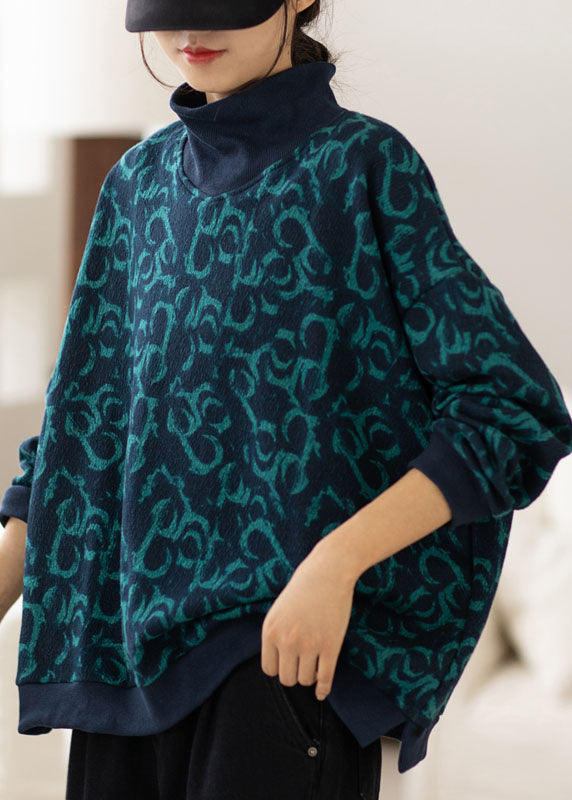 Navy Turtle Neck Print Warm Fleece Sweatshirts Top Spring
