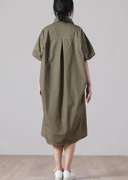 Army Green Peter Pan Collar Button Maxi Summer Cotton Dress