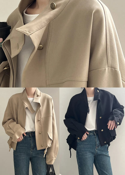 Khaki Stand Collar Drawstring Cotton Coat Outwear Fall