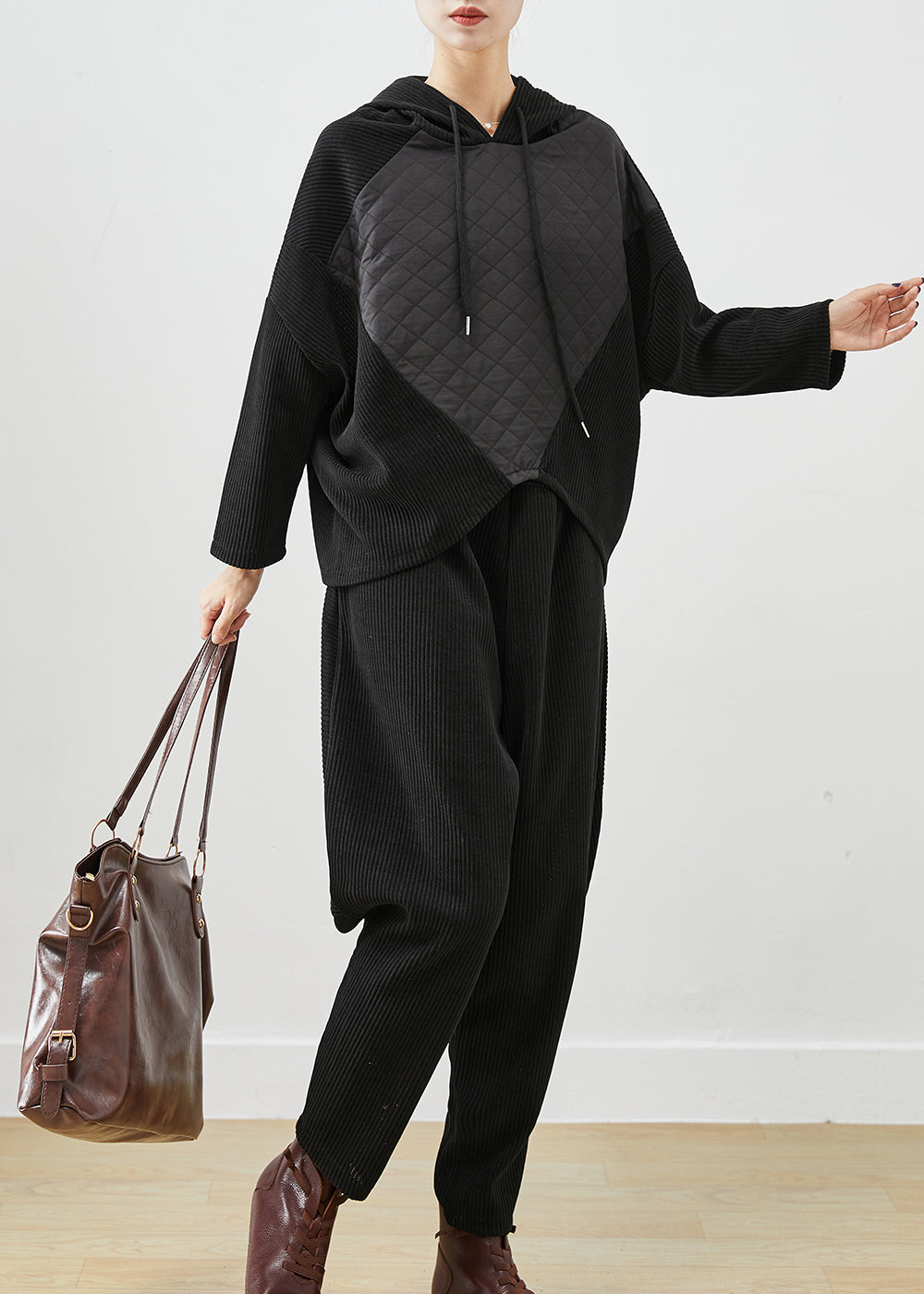 Black Hooded Patchwork Corduroy Two Pieces Set Fall