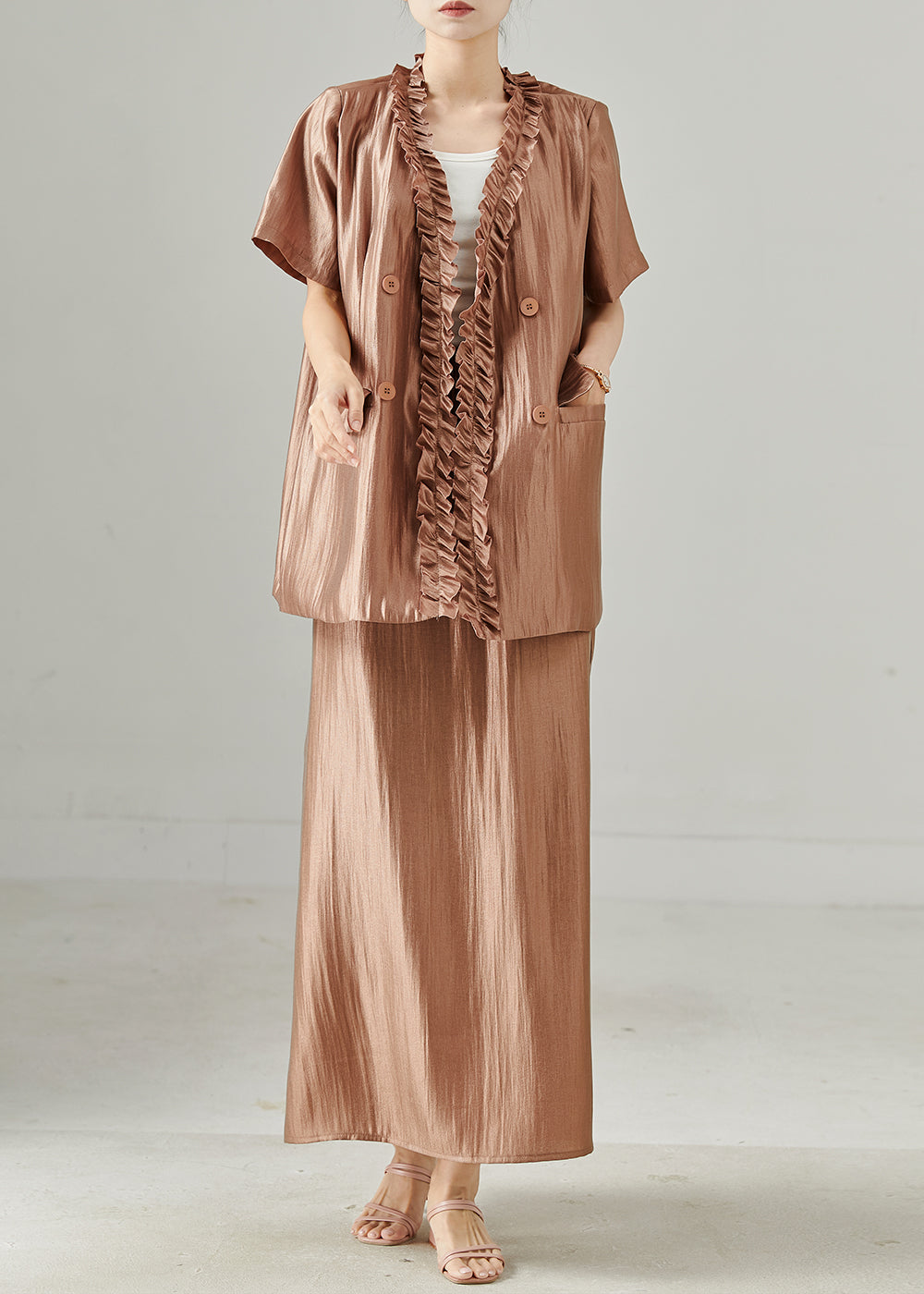 Stylish Brown Ruffled Silk Sets 2 Pieces Summer