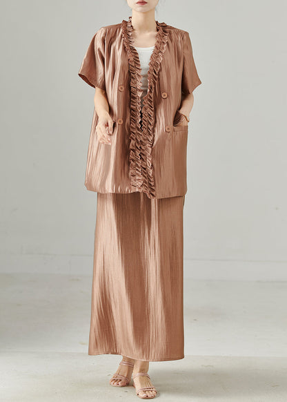 Stylish Brown Ruffled Silk Sets 2 Pieces Summer