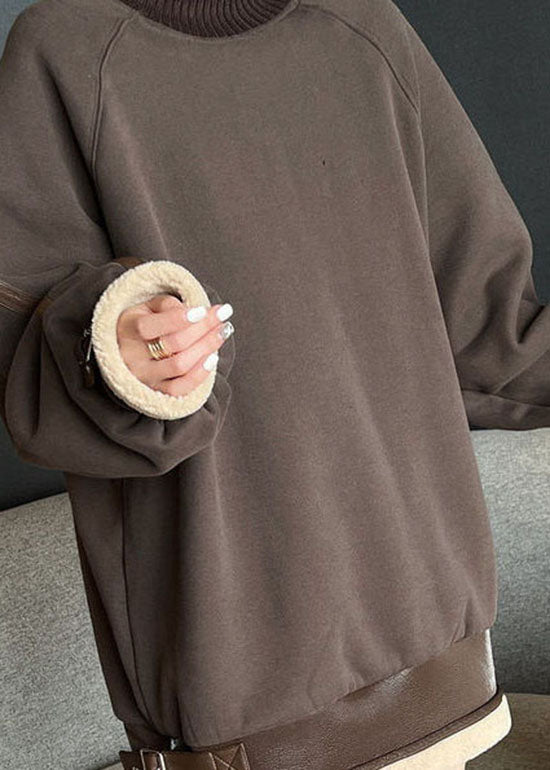Loose Brown Turtleneck Patchwork Cotton Pullover Fall