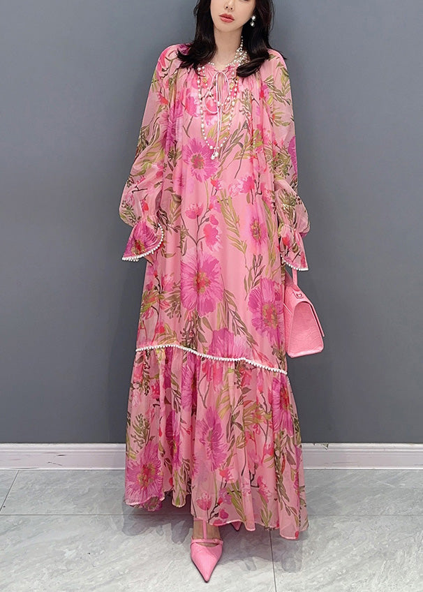 Pink O-neck Print Nail Bead Chiffon Maxi Dresses Long Sleeve