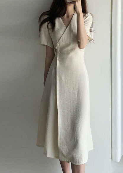 Boutique Beige V Neck Cotton Long Dresses Short Sleeve Summer