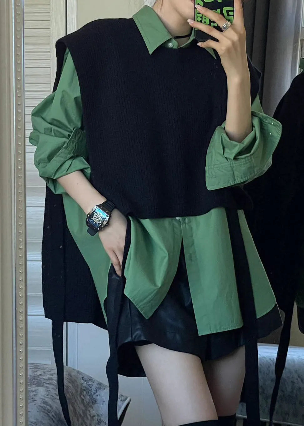 Black Shawl Knit Green Shirts Two Pieces Set Long Sleeve