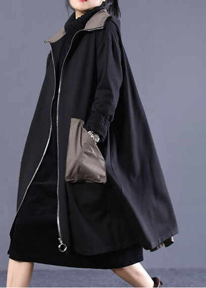 Black Hooded Patchwork Cotton Coat Spring