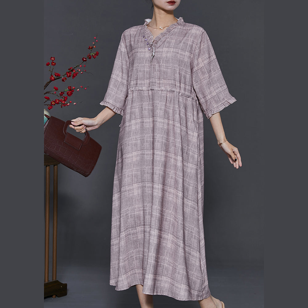 Art Grey Ruffled Drawstring Cotton Long Dress Summer