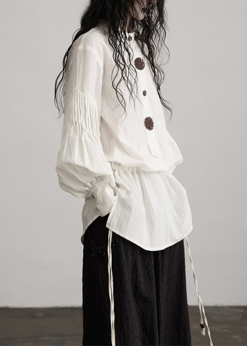 French White O-neck Puff Sleeve Patchwork Cotton Tops Fall