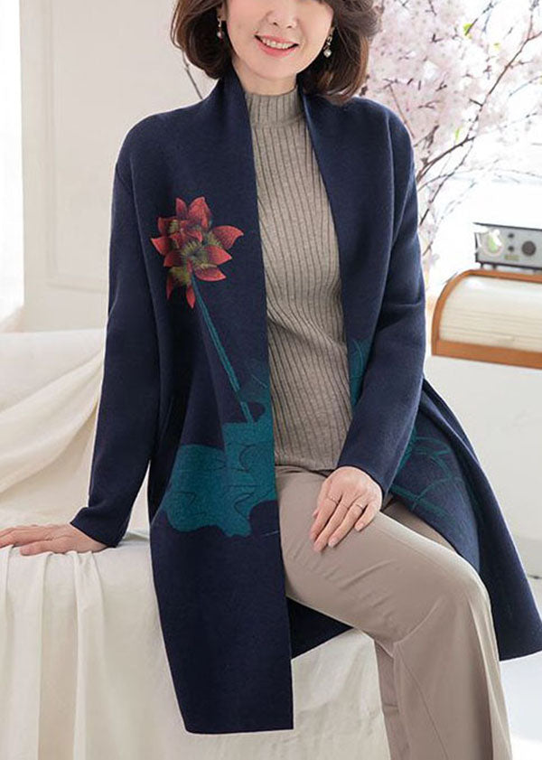 Modern Navy Pockets Print Woolen Cardigans Long Sleeve