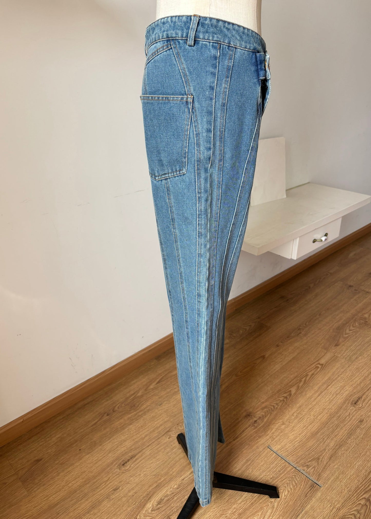Blue Asymmetrical Design Pockets Denim Flared Trousers Fall