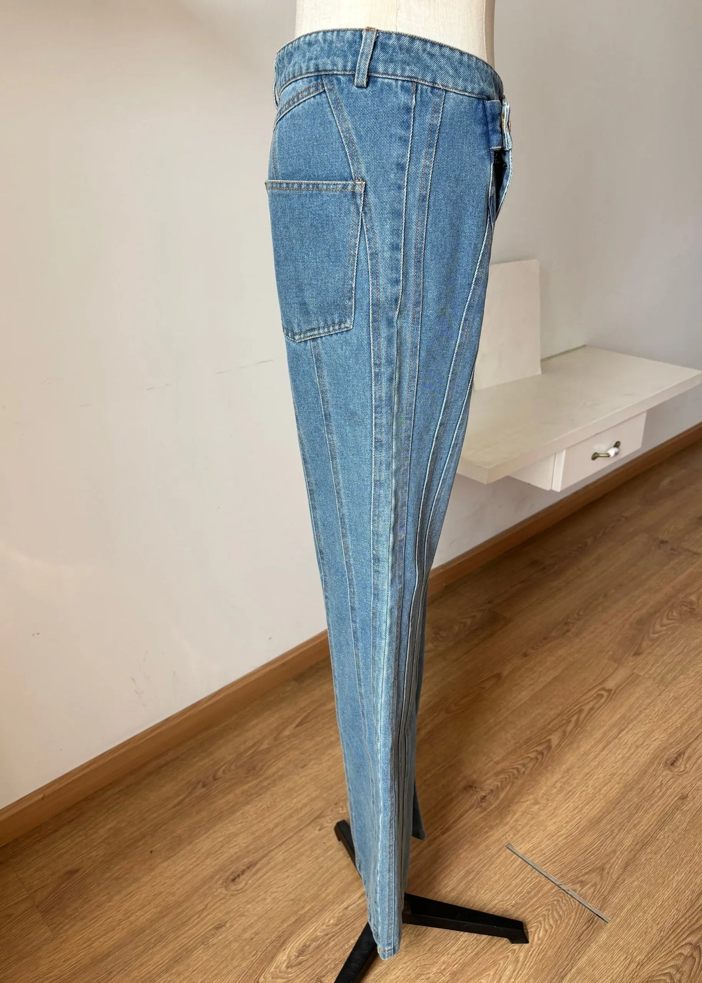 Blue Asymmetrical Design Pockets Denim Flared Trousers Fall