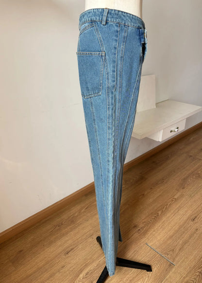 Blue Asymmetrical Design Pockets Denim Flared Trousers Fall