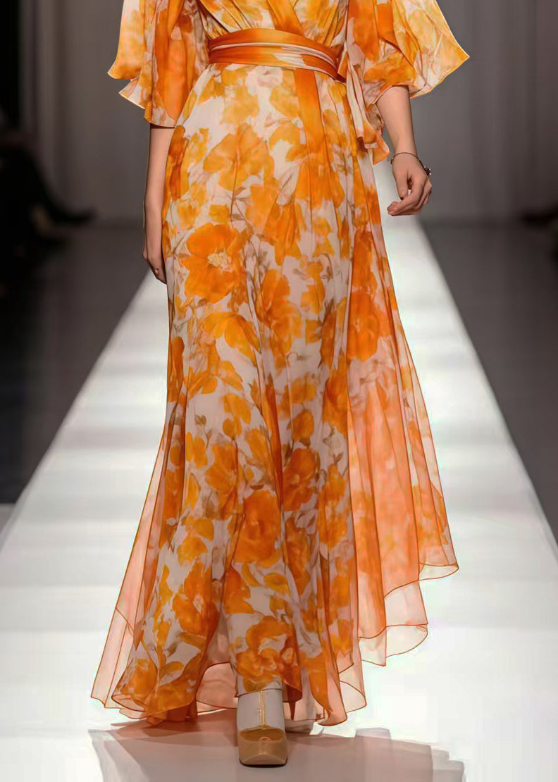 Orange Cinched Print Chiffon Vacation Dresses Summer