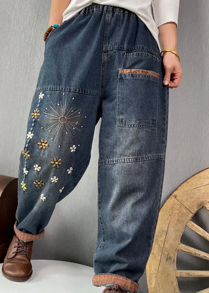 Blue Embroideried Pockets Denim Pants Spring