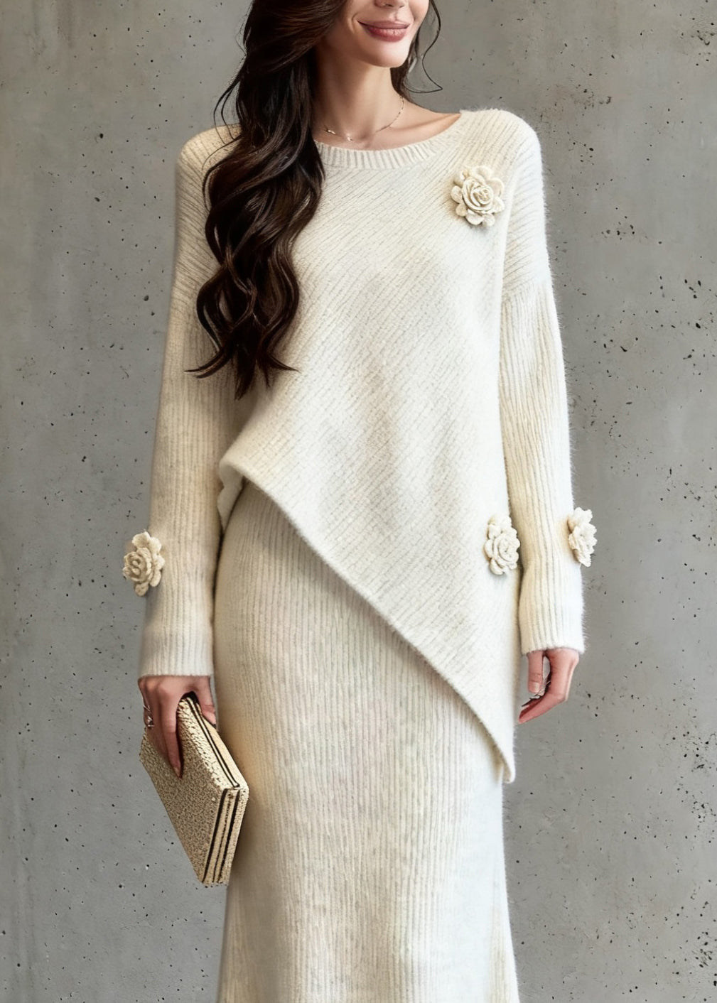 Natural Asymmetrical Cotton Knit Sweaters and a Line Skirts Two-piece Set Spring