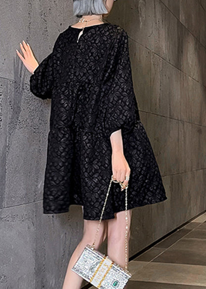 Black O-neck a Line Mid Dress Long Sleeve