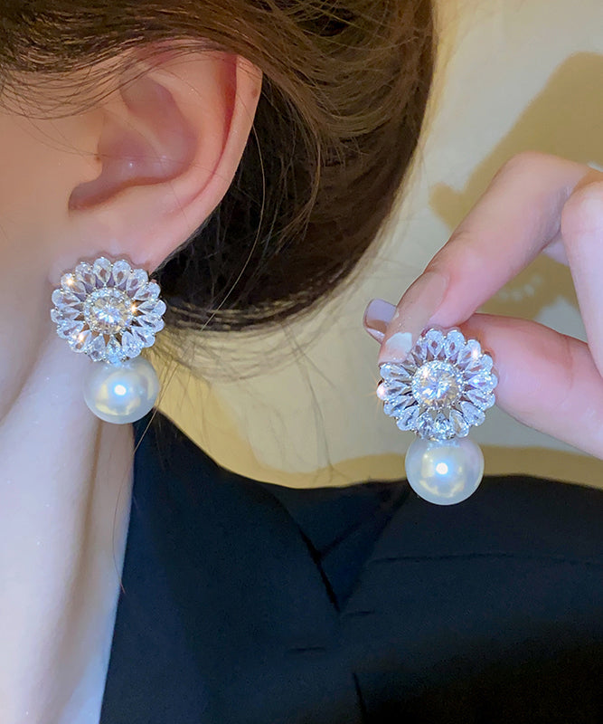 Silk Copper Zircon Pearl Drop Earrings