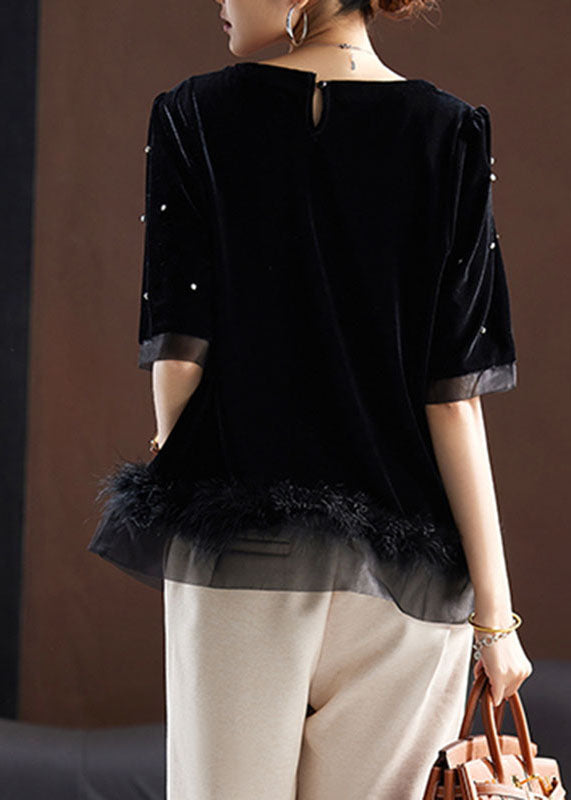 Black O-neck Zircon Tassel Patchwork Fluffy Silk Velour Top Summer