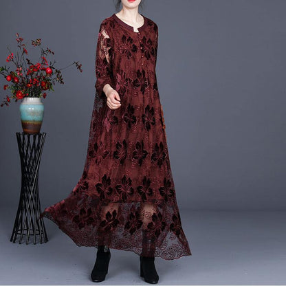 Loose Chocolate Long Lace Dress O Neck Maxi Dress