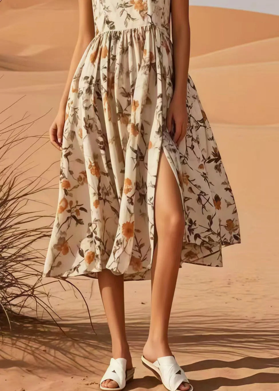 Apricot Print Side Open Cotton Long Dress Sleeveless
