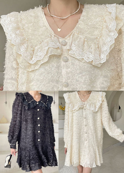 Black Peter Pan Collar Ruffled Mini Dresses Spring