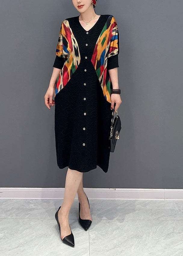 Black V Neck Patchwork Print Button Dress Spring