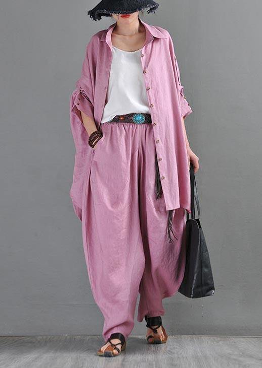 Fitted Pink Purple Side Open Cotton Linen Summer Blouse Top